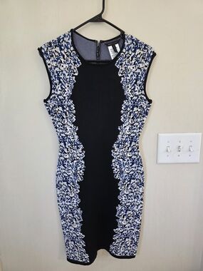 BCBGMaxAzria Black Midi Dress with Blue and White Patterned Panels